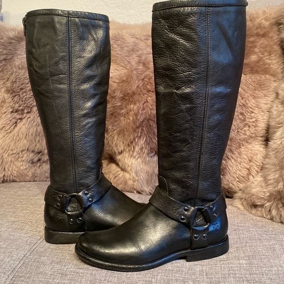 Frye Vintage Black Label Tall Phillip Harness Black Leather Boots - Picture 1 of 14